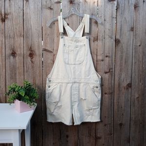 American Eagle Raw Hem Distressed White Overalls M